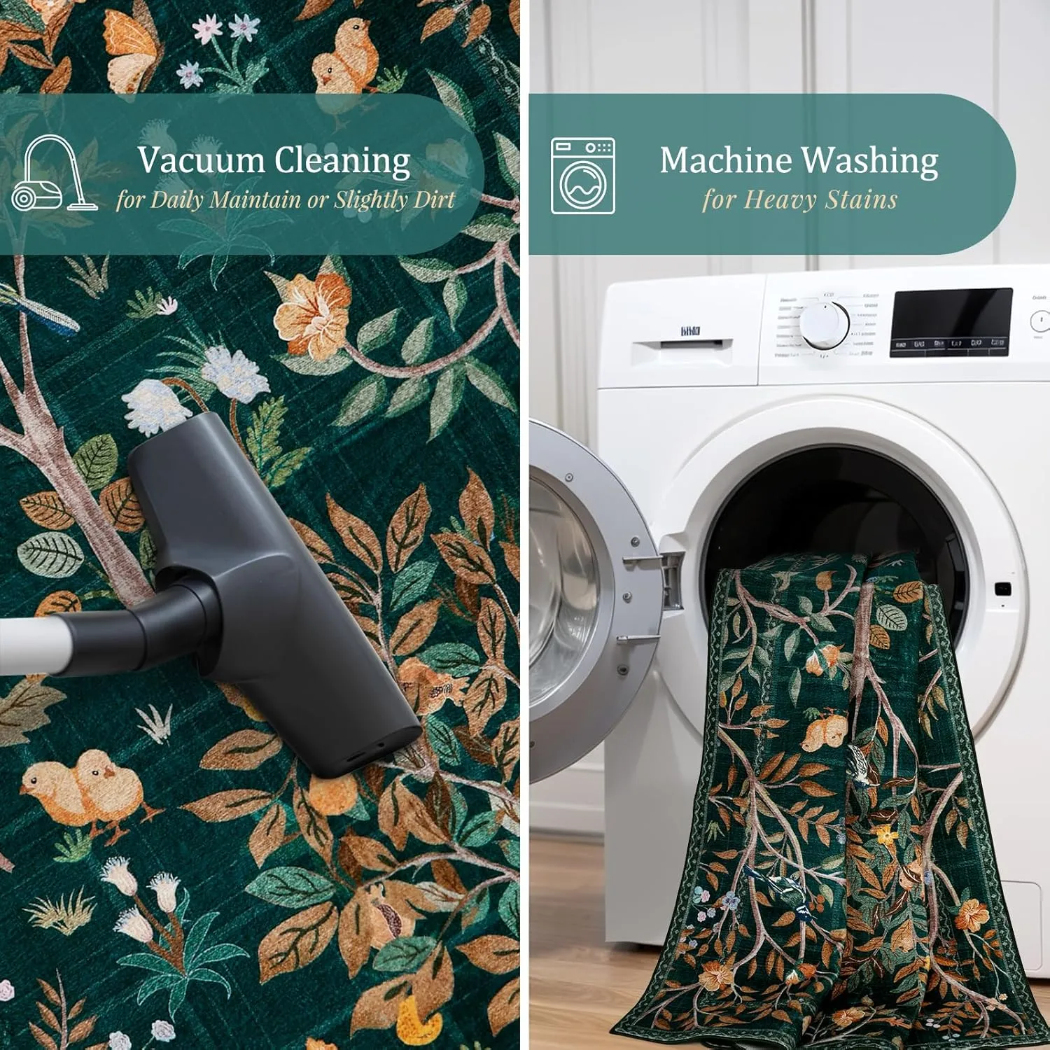Morebes Boho Washable 5x7 Area Rugs, Dark Green Floral Rugs for Living Room Non Slip, Soft Botanical Indoor Floor Carpet for Kids Playroom Dining Room Bedroom Nursery Dorm