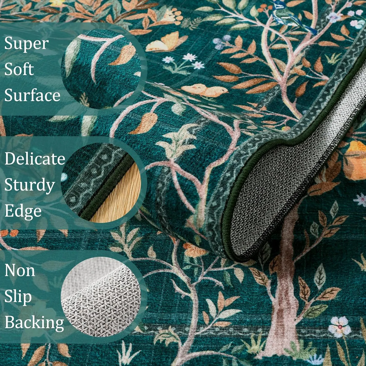 Morebes Boho Washable 5x7 Area Rugs, Dark Green Floral Rugs for Living Room Non Slip, Soft Botanical Indoor Floor Carpet for Kids Playroom Dining Room Bedroom Nursery Dorm