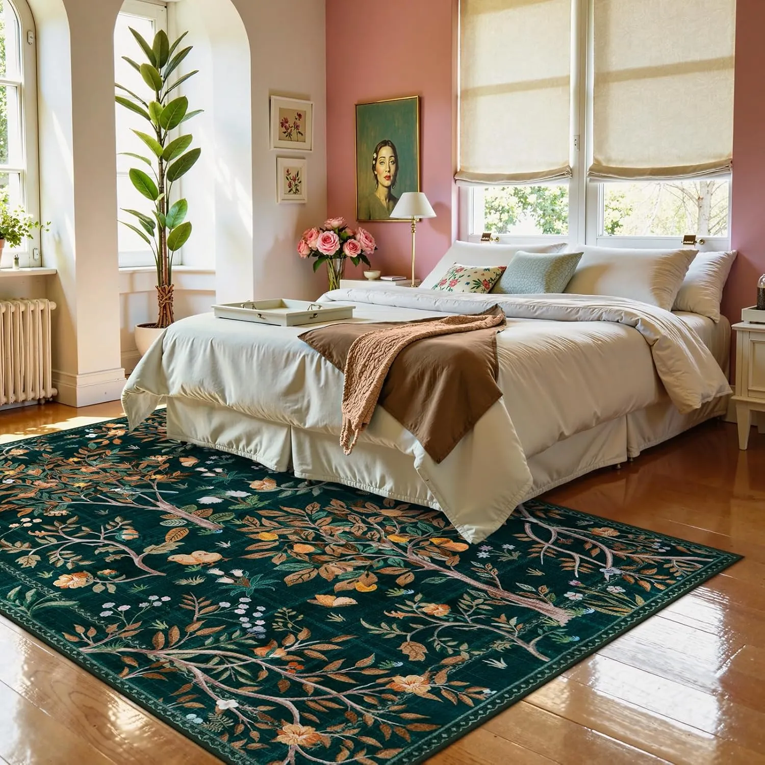 Morebes Boho Washable 5x7 Area Rugs, Dark Green Floral Rugs for Living Room Non Slip, Soft Botanical Indoor Floor Carpet for Kids Playroom Dining Room Bedroom Nursery Dorm