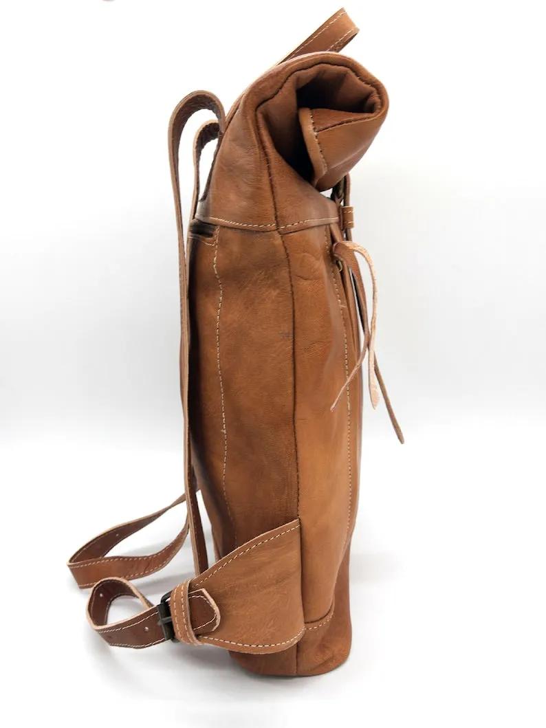 Moroccan Rolltop Leather Backpack - Travel Unisex Rucksack