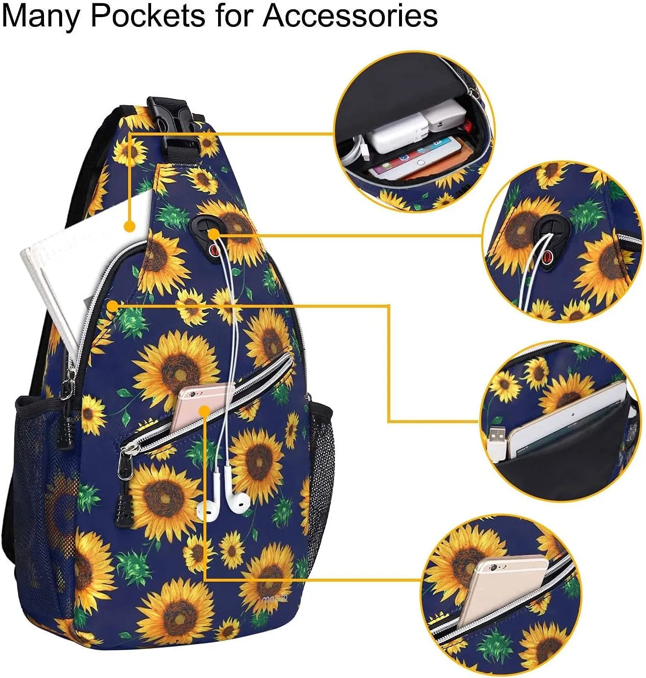 MOSISO Sling Backpack,Travel Hiking Daypack Sunflower Rope Crossbody Shoulder Bag