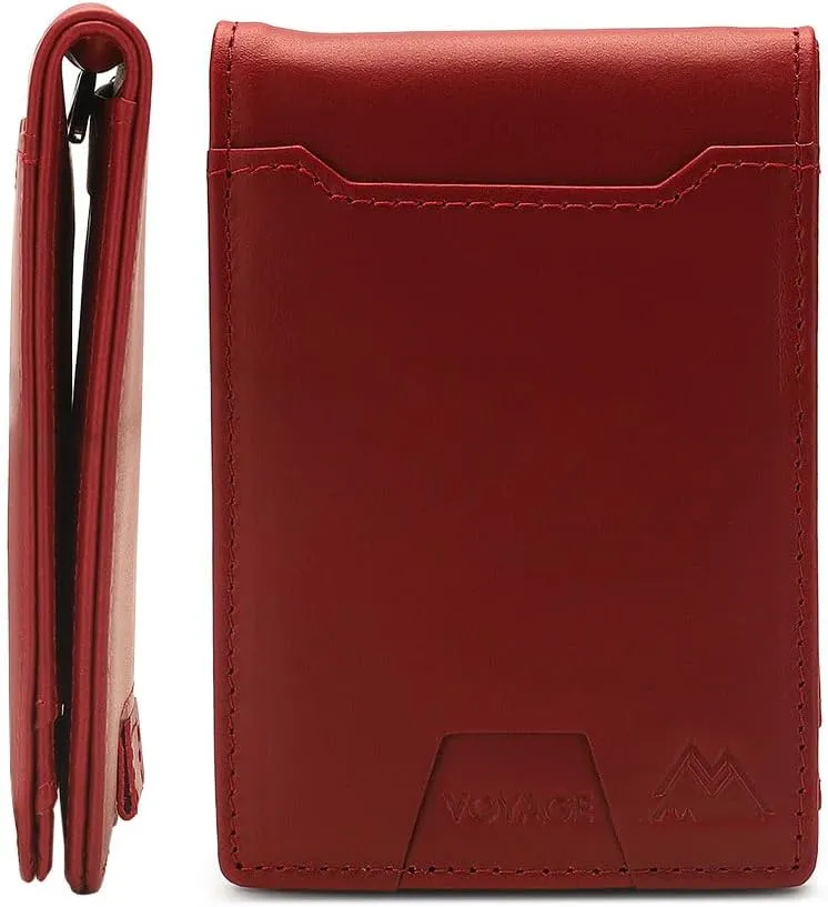 Mountain Voyage Co Leather Wallet - RFID-Blocking Genuine Vintage Leather Bi-Fold Card Holder with Money Clip and Gift Box (Merlot Red)