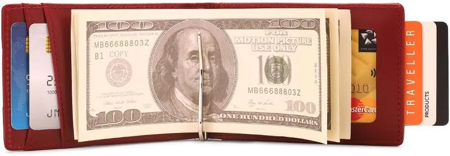 Mountain Voyage Co Leather Wallet - RFID-Blocking Genuine Vintage Leather Bi-Fold Card Holder with Money Clip and Gift Box (Merlot Red)