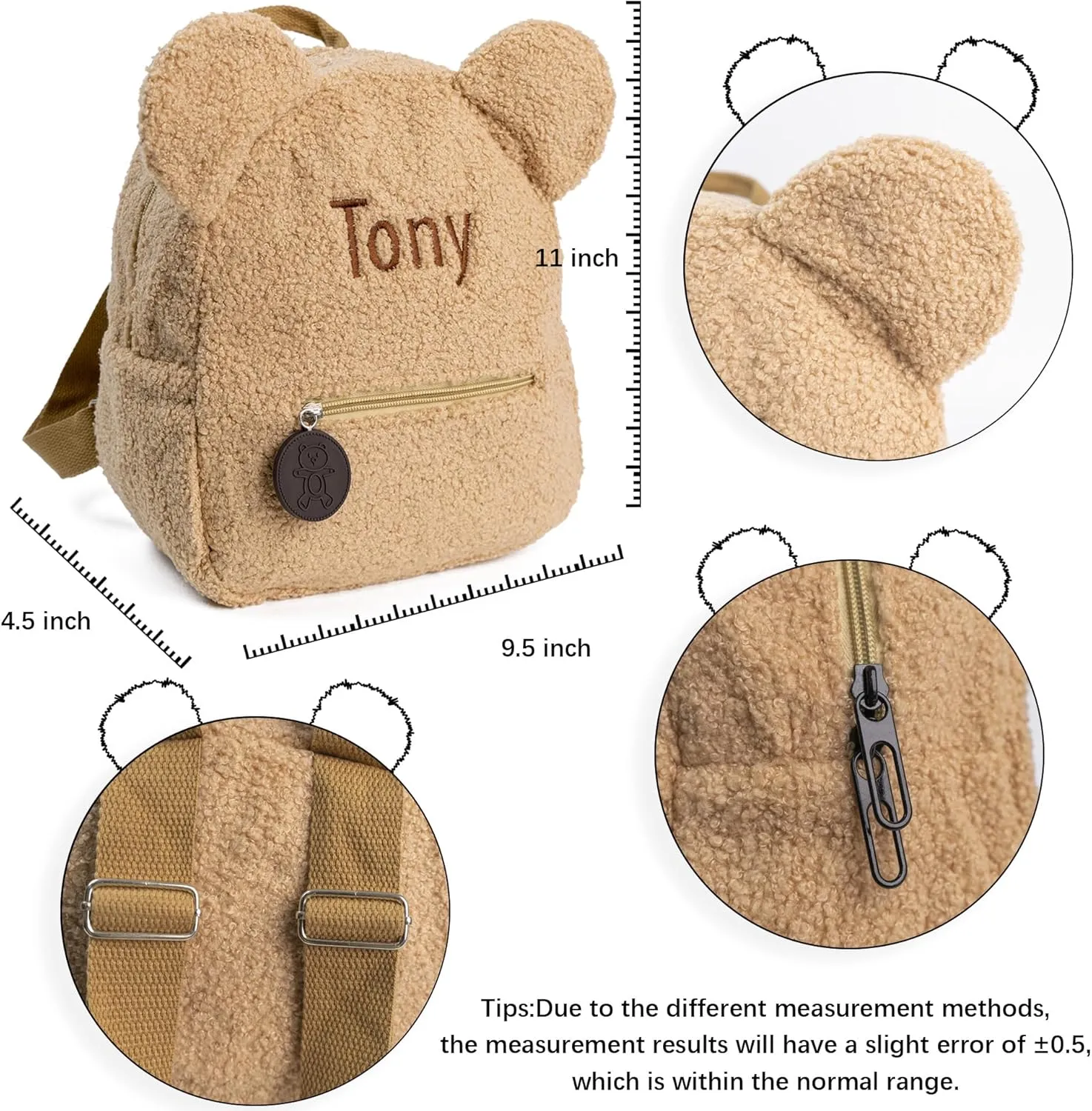 MT WORLD Plush Teddy Bear Backpack Personalized Cute Fuzzy Bear Ears Head Backpack Soft Fluffy Casual Sherpa Daypack Mini Shoulder Bag Purse Gifts (Khaki)