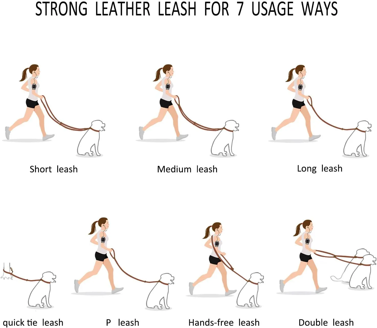Multi Function 8ft Leather Dog Leash, Genuine Leather Hands Free Leash for Small, Medium and Large Dogs