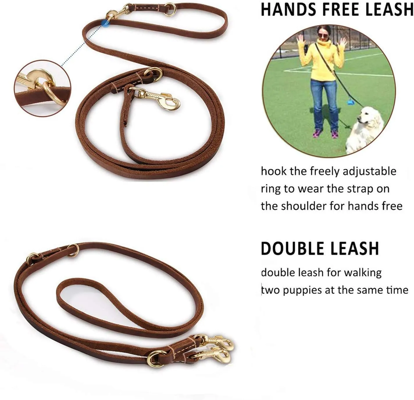 Multi Function 8ft Leather Dog Leash, Genuine Leather Hands Free Leash for Small, Medium and Large Dogs