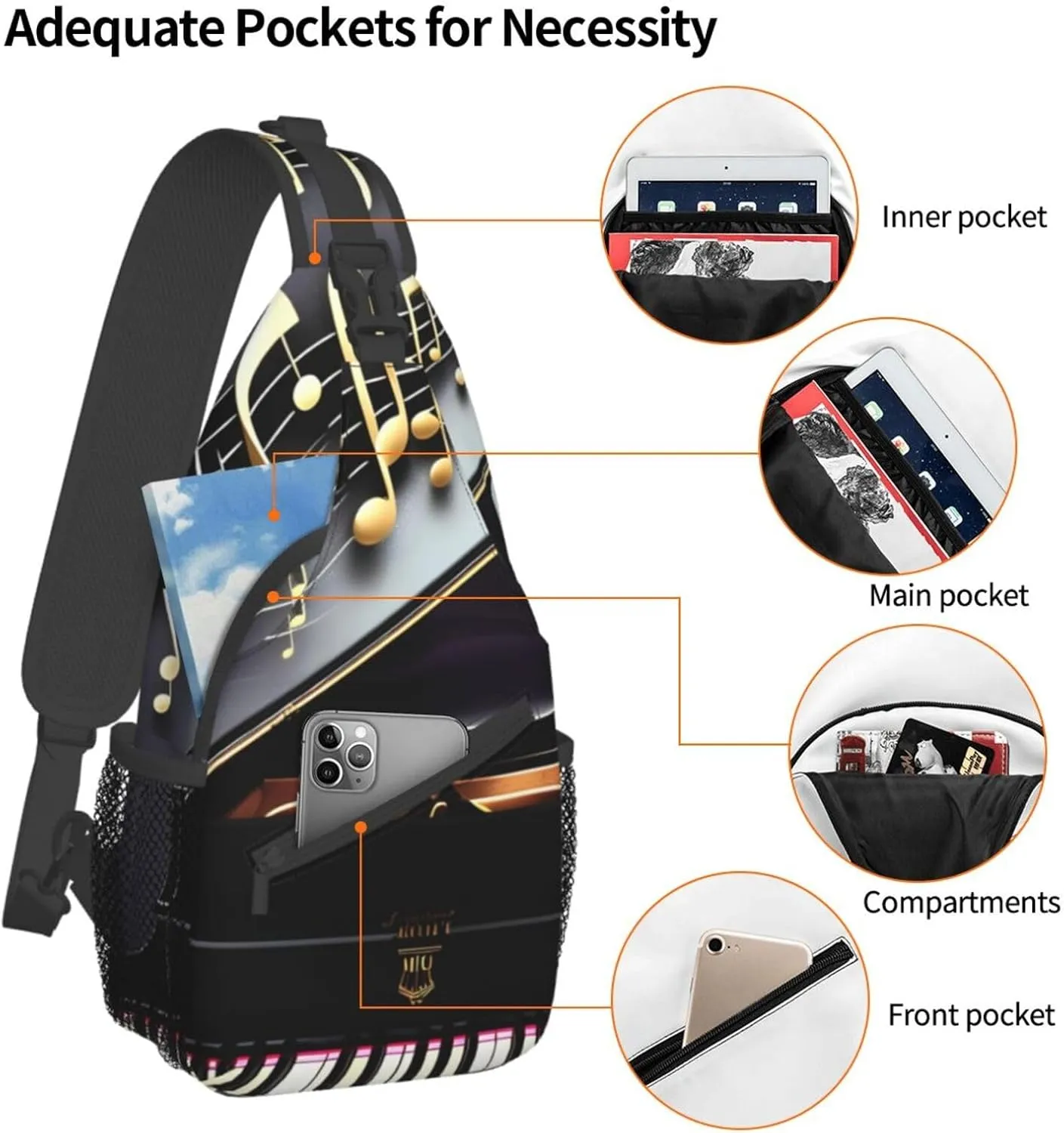 Music Note Pianos High Storage Capacity Chest Bag Diagonally Sling Backpack Crossbody Shoulder Bag For Men Women