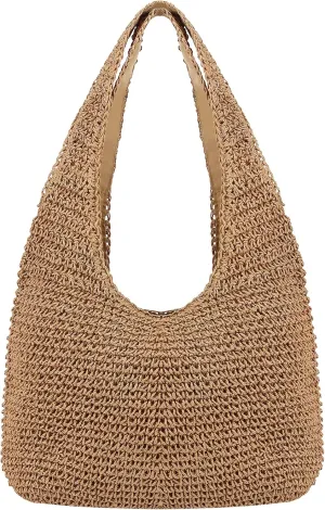 Naimo Women Straw Beach Shoulder Bag Woven Tote Handbag Large Handmade Weaving Summer Casual Hobo Bag