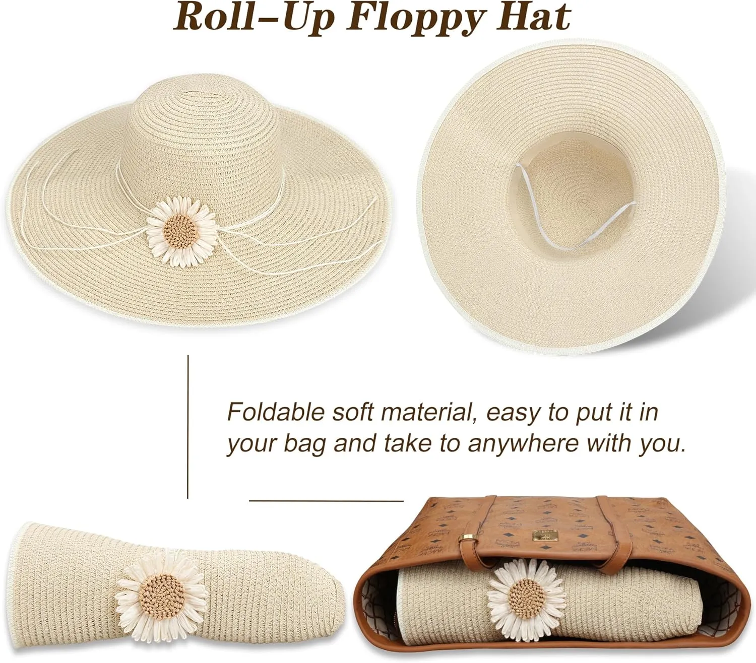 Naivlizer Women Wide Brim Sun Hat UPF50 Straw Summer Hat Floppy Beach Hat Roll-Up