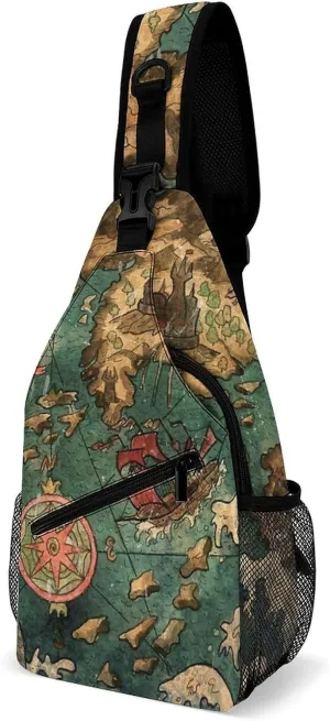 Nautical Sea Map Compass Sailing Ship Sling Bags Men And Women Shoulder Backpack Chest Bag Cross Body Chest Sling Backpack.