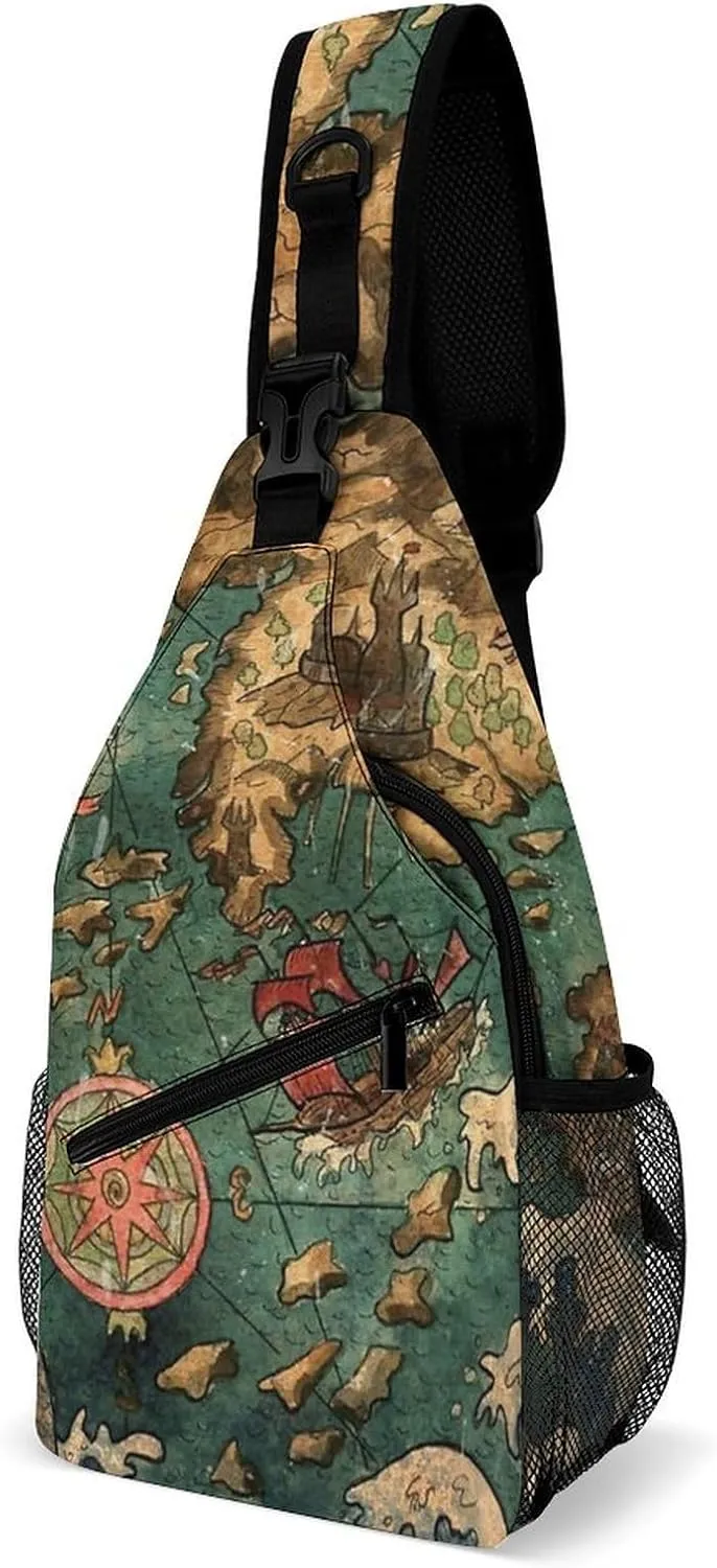 Nautical Sea Map Compass Sailing Ship Sling Bags Men And Women Shoulder Backpack Chest Bag Cross Body Chest Sling Backpack.