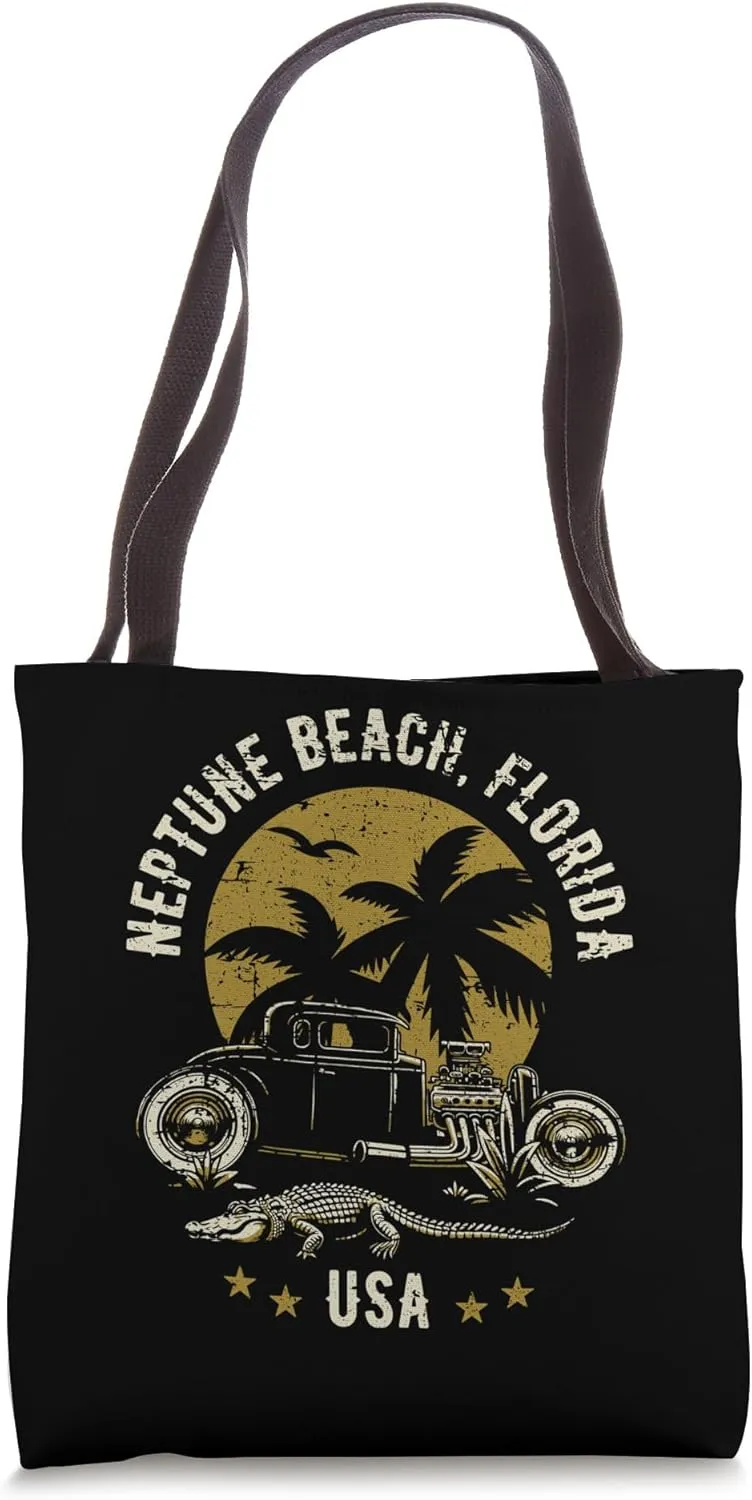 Neptune Beach Florida Sunset Hotrod Distressed Design Tote Bag