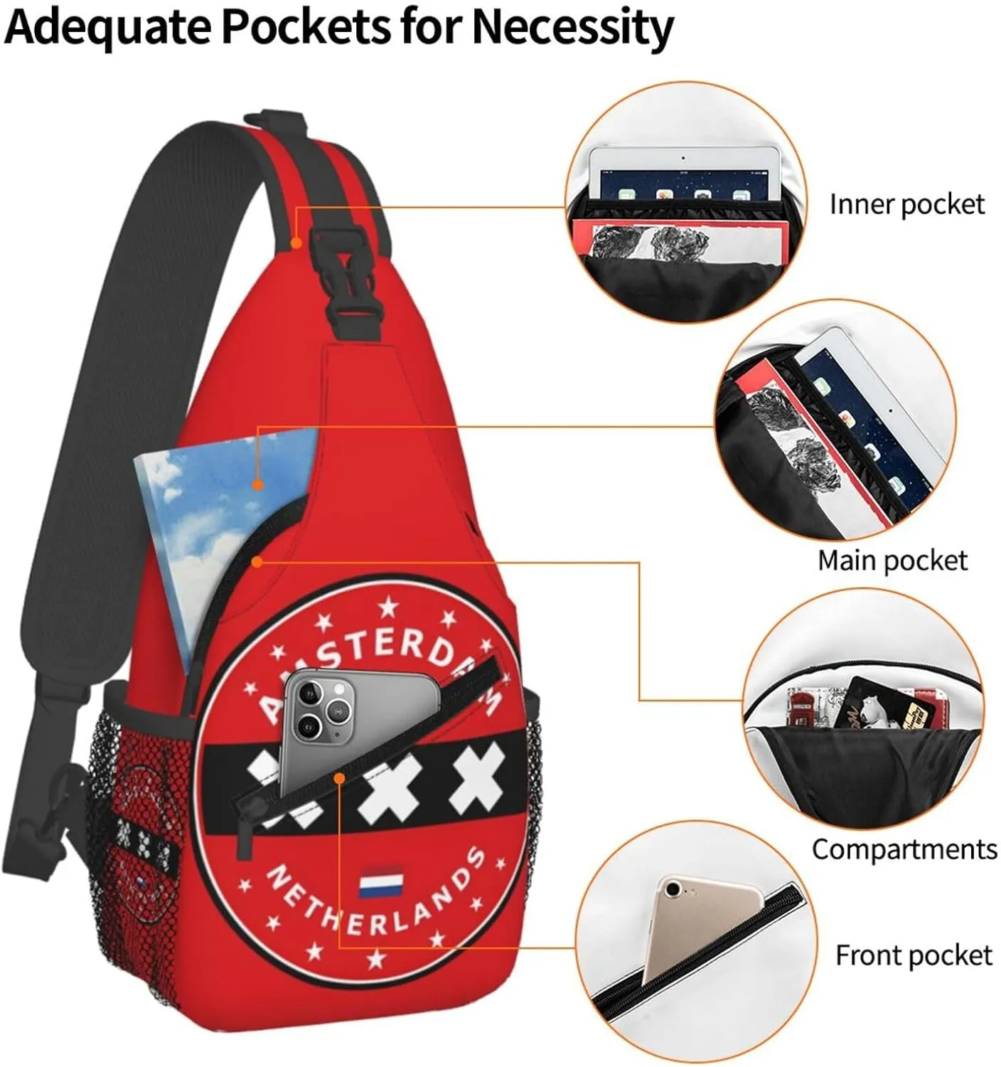 Netherlands Amsterdam Flag Circle Crossbody Bag Cross Chest Bag Adjustable Sling Backpack Sports Gym Shoulder Bags Travel Cycling Daypack Diagonally Casual Rucksack