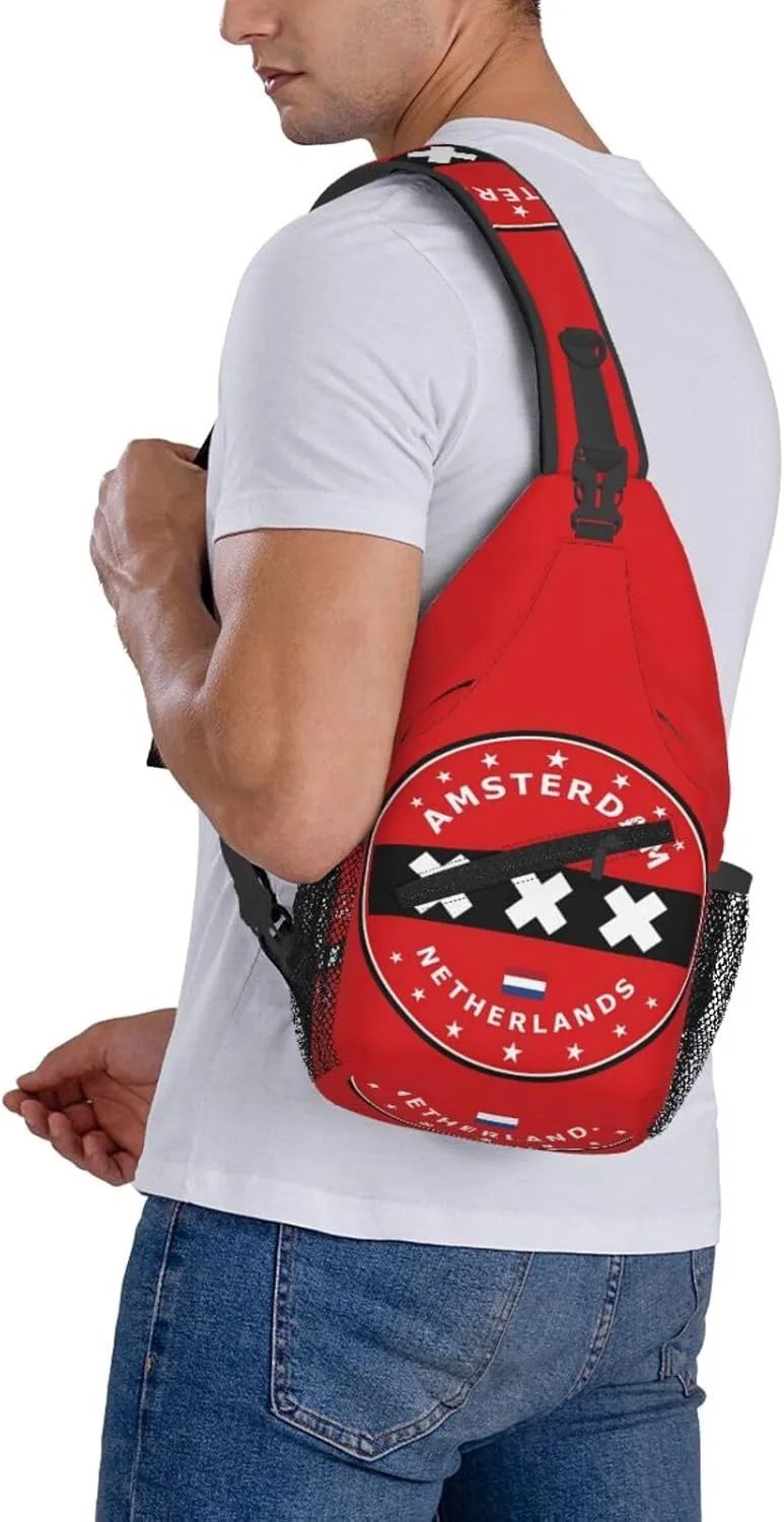 Netherlands Amsterdam Flag Circle Crossbody Bag Cross Chest Bag Adjustable Sling Backpack Sports Gym Shoulder Bags Travel Cycling Daypack Diagonally Casual Rucksack