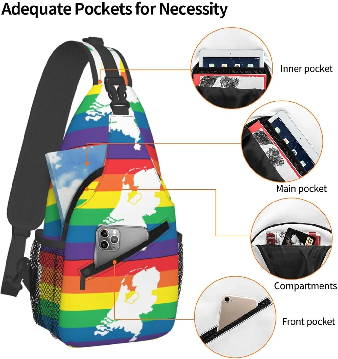 Netherlands Holland LGBT Pride Flag Crossbody Bag Cross Chest Bag Adjustable Sling Backpack Sports Gym Shoulder Bags Travel Cycling Daypack Diagonally Casual Rucksack