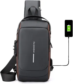 New Carbon Fiber Streamline Anti-theft Sling Bag, USB Charging Sport Sling, Shoulder Backpack Crossbody Bag Waterproof (Gray Brown)