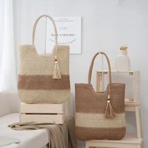 New Chinese-Style Women’s Woven Tote Bag – Tassel Design, Lightweight & Breathable
