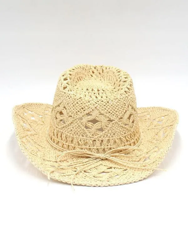 New hollow cowboy hat, hand-knitted straw hat, jazz hat with raised brim