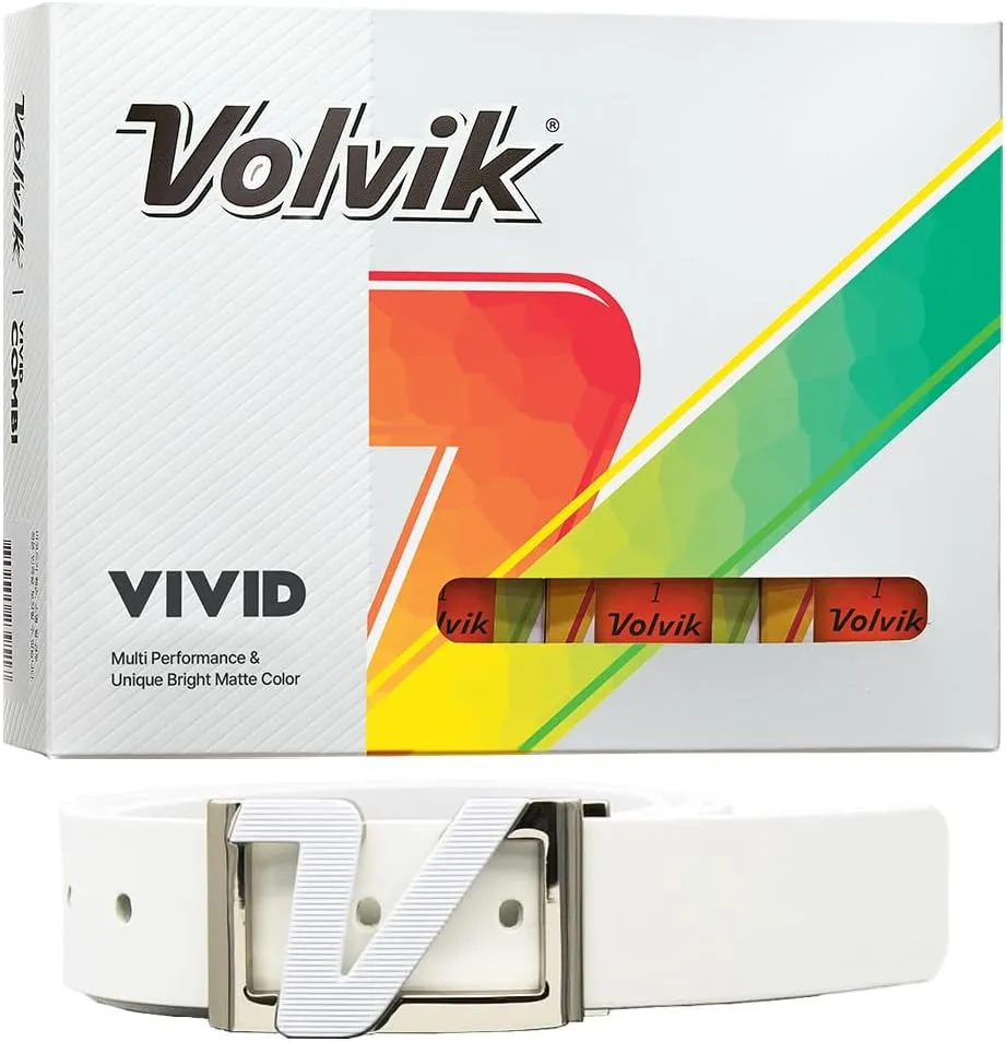 New Volvik Vivid Multi-Performance and 3-Piece Construction Unique Bright Matte Color Finish Golf Ball. 1 Dozen (Orange) with 100% Genuine Italian Leather Belt, White