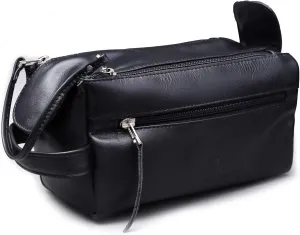 Noho Handmade Genuine Black Cowhide Leather Toiletry Bag Travel Dopp Kit for Men and Women
