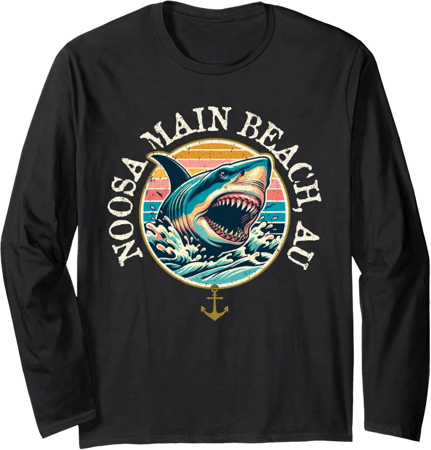 Noosa Main Beach Australia Shark Retro Distressed Design Long Sleeve T-Shirt