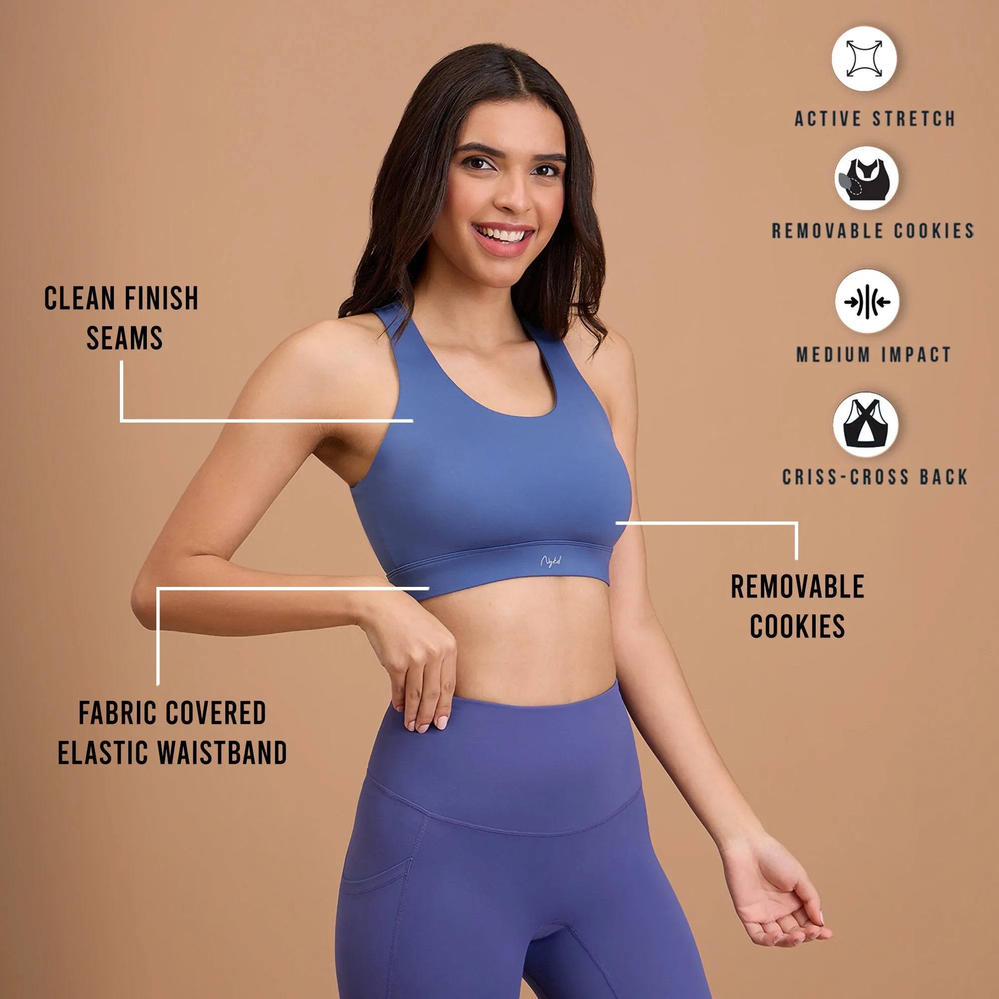 Nykd By Nykaa Ultimate Cross Back Sports Bra with Removable Cups NYK909 Blue
