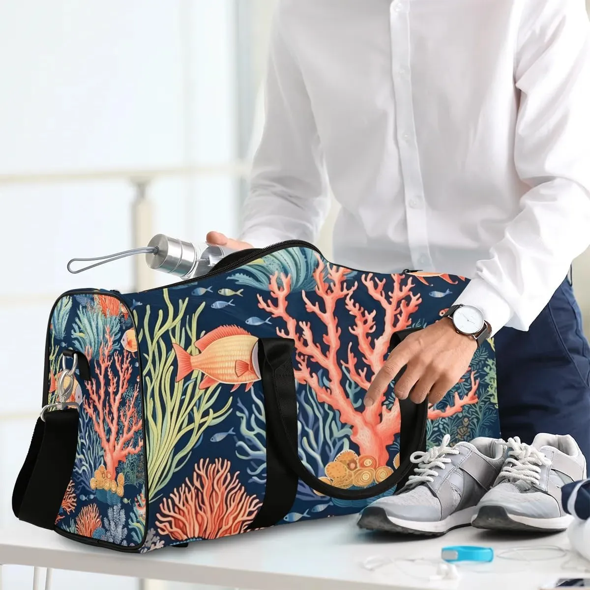 Ocean Coral Print Travel Duffel Bag for Women Men Waterproof Foldable Overnight Weekender Bag Large Capacity Sports Gym Bag