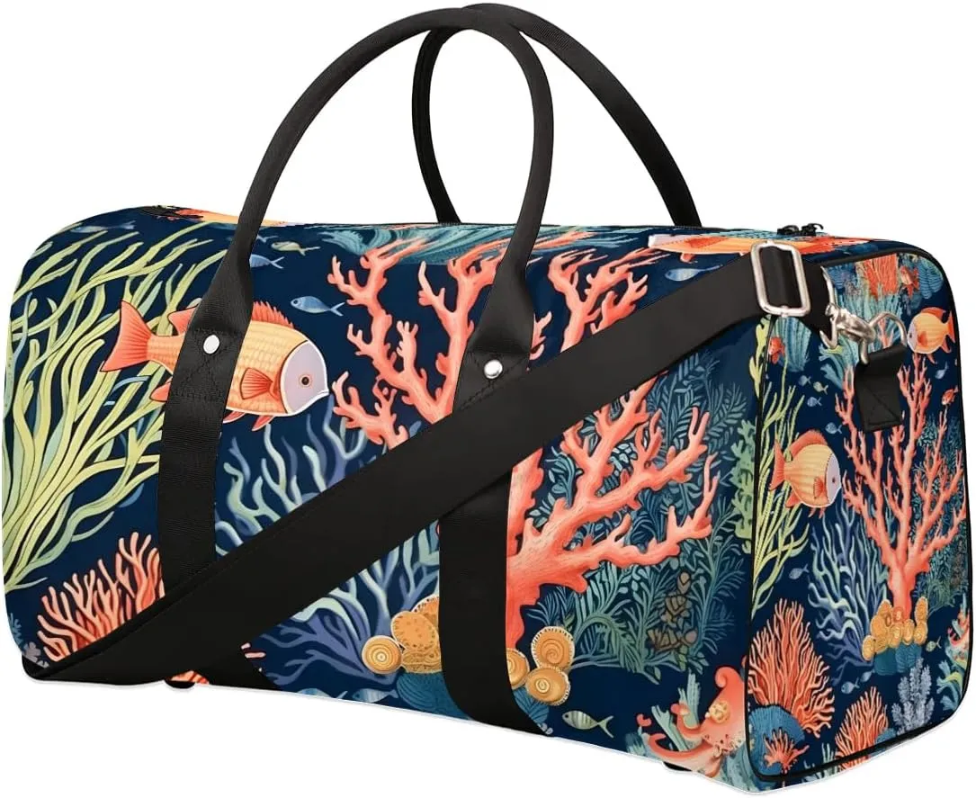 Ocean Coral Print Travel Duffel Bag for Women Men Waterproof Foldable Overnight Weekender Bag Large Capacity Sports Gym Bag