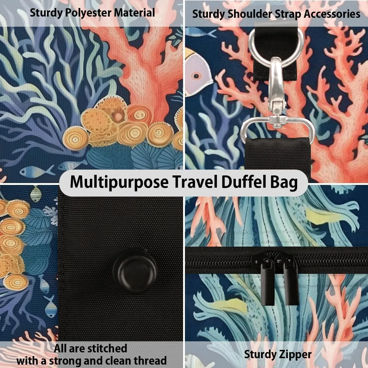 Ocean Coral Print Travel Duffel Bag for Women Men Waterproof Foldable Overnight Weekender Bag Large Capacity Sports Gym Bag