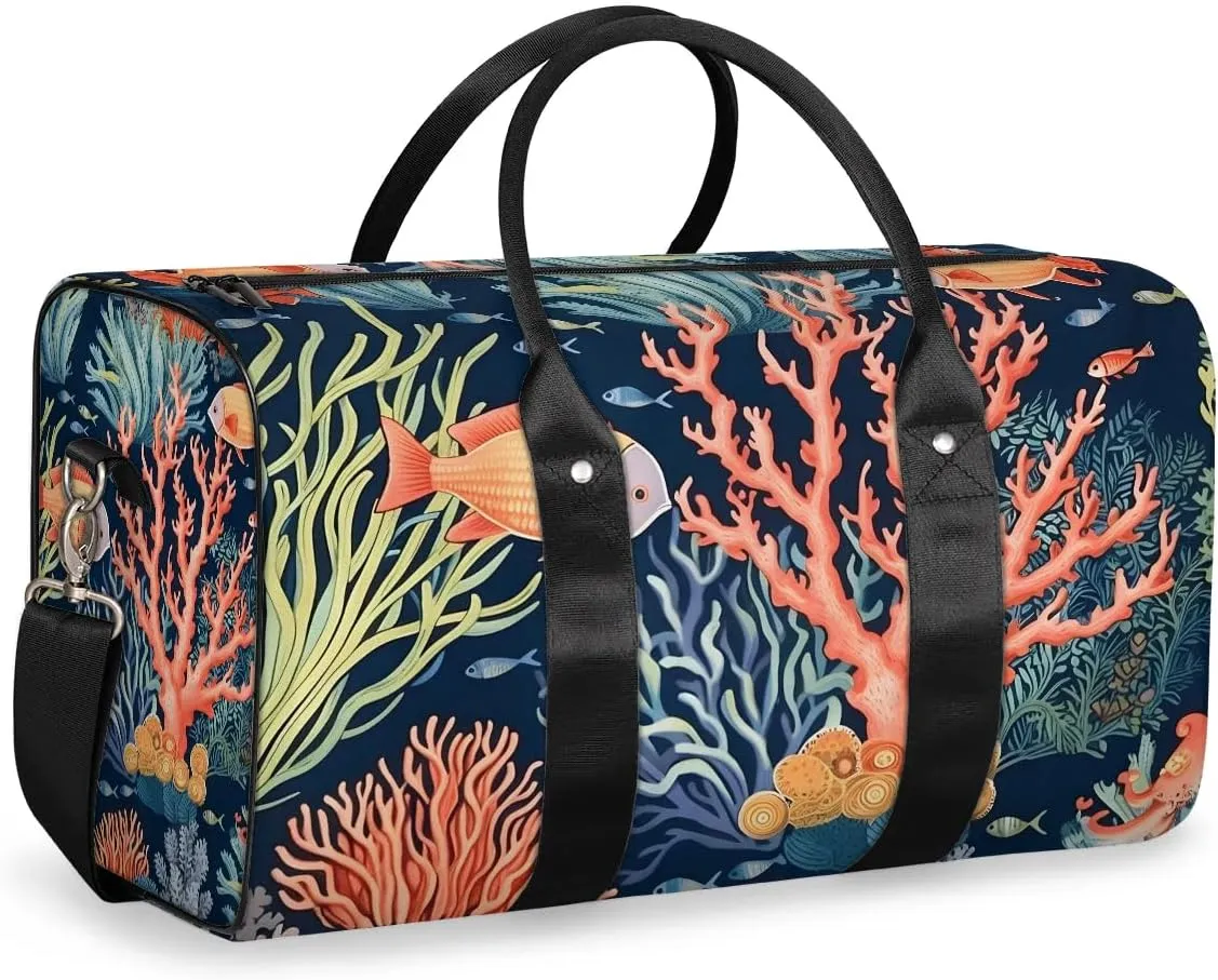 Ocean Coral Print Travel Duffel Bag for Women Men Waterproof Foldable Overnight Weekender Bag Large Capacity Sports Gym Bag