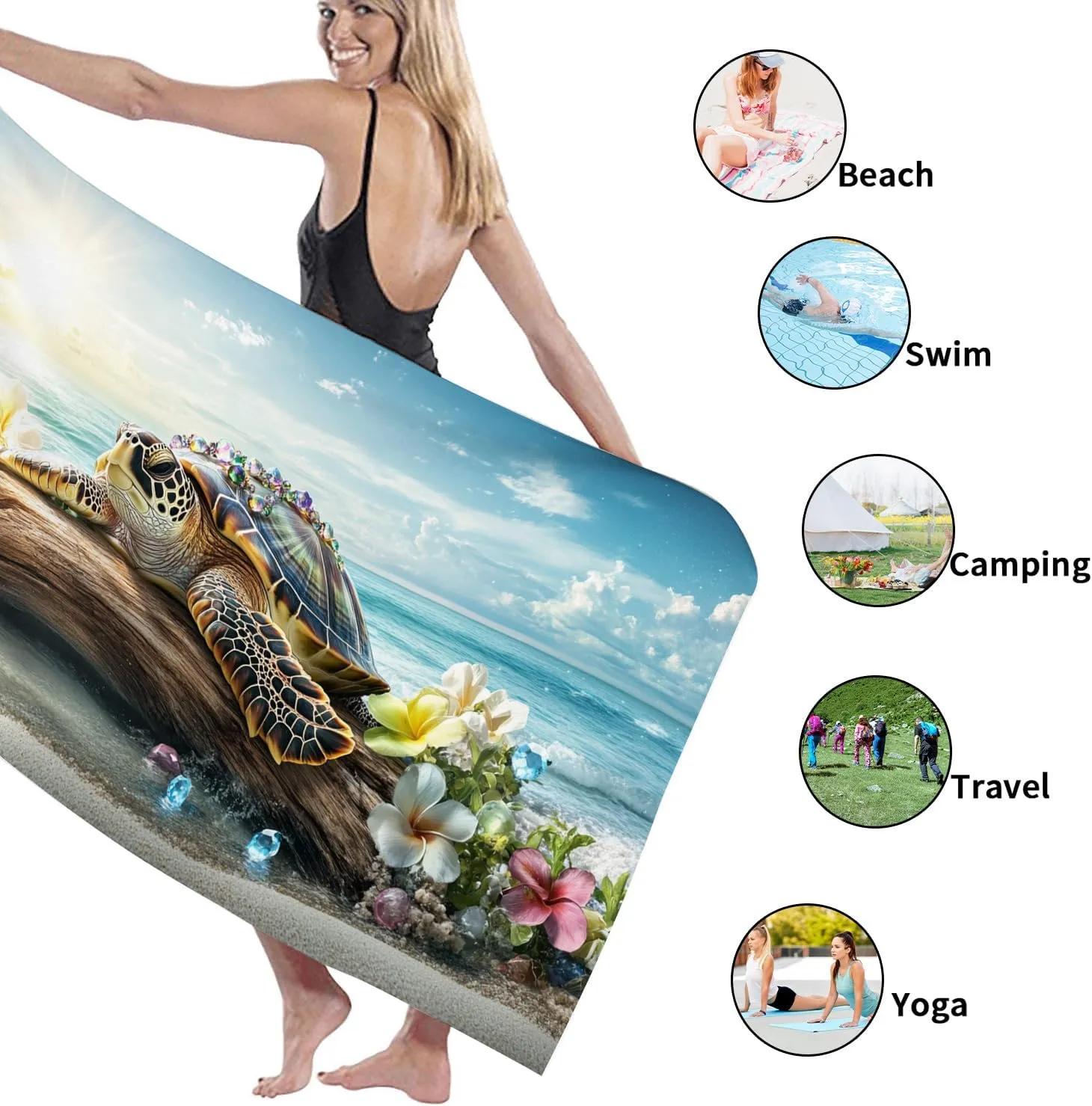 Ocean Green Turtle Microfiber Beach Towel Vintage Coastal Design Quick Dry Absorbent Sand Free Lightweight Beach Blanket Perfect for Vacation Pool Picnic Essentials 62x31 Inch