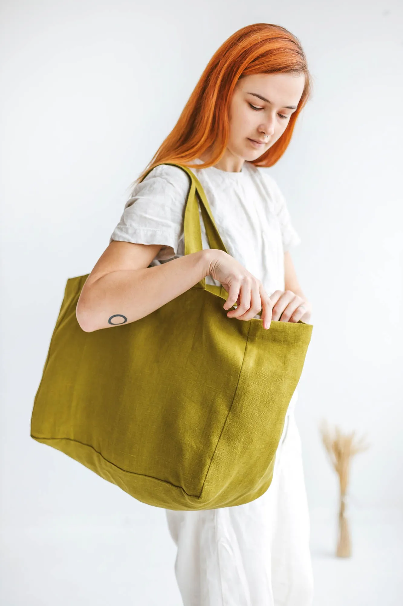 Olive green linen beach bag