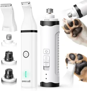 oneisall Dog Nail Grinder and Paw Trimmer Kit 2 in 1 Quiet Rechargeable Electric Pet Nail Grinder with 2 LED Lights and Cordless Dog Grooming Safe Clippers