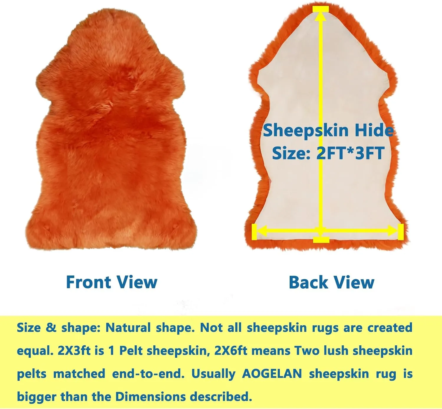 Orange Premium Genuine Sheepskin Rug, Genuine Sheepskin Natural Lambskin Shaggy Fur Area Rug for Kids Bedroom Sofa Chair Seat Cover Pets Dogs Mat Single Pelt/2FT*3FT
