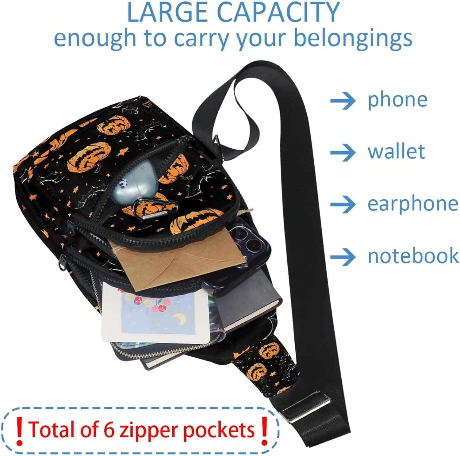 Orange Pumpkins and Bats 2 Crossbody Bag with Adjustable Shoulder Strap, Shoulder Bag for Men and Women Sling Backpack for Travel, Cycling, Work, Sport
