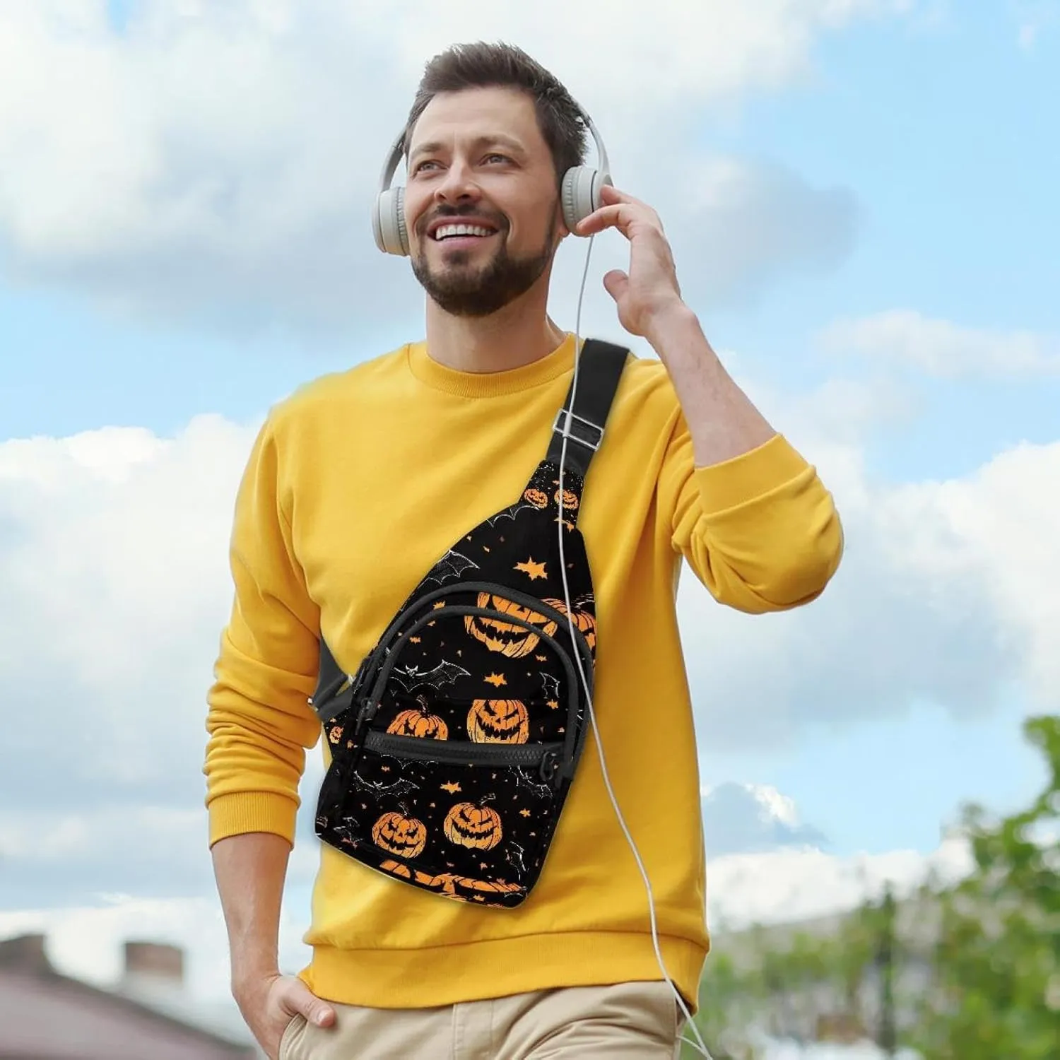 Orange Pumpkins and Bats 2 Crossbody Bag with Adjustable Shoulder Strap, Shoulder Bag for Men and Women Sling Backpack for Travel, Cycling, Work, Sport