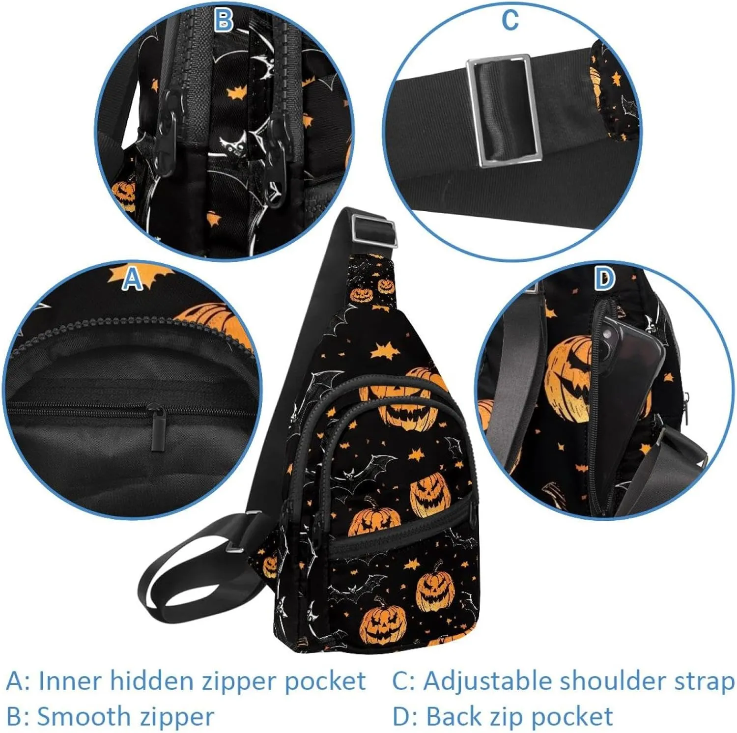 Orange Pumpkins and Bats 2 Crossbody Bag with Adjustable Shoulder Strap, Shoulder Bag for Men and Women Sling Backpack for Travel, Cycling, Work, Sport