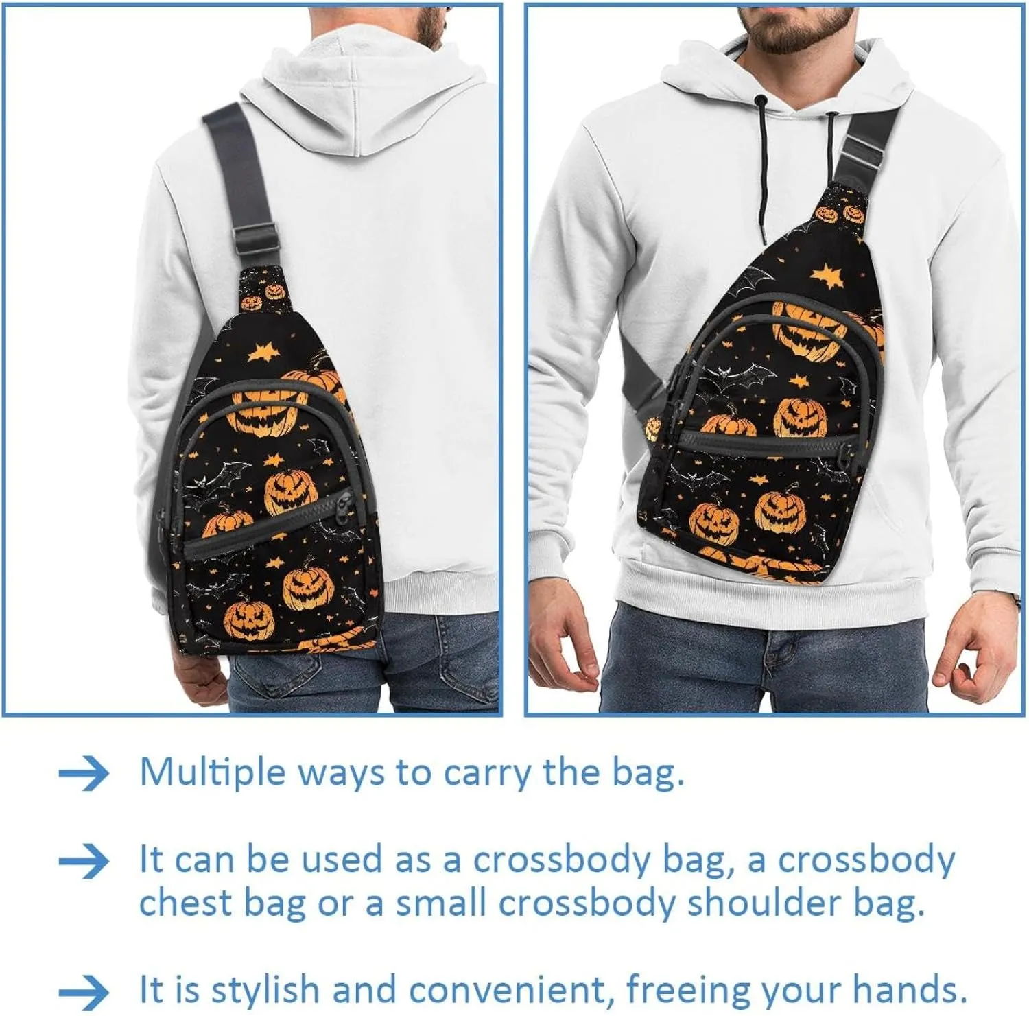 Orange Pumpkins and Bats 2 Crossbody Bag with Adjustable Shoulder Strap, Shoulder Bag for Men and Women Sling Backpack for Travel, Cycling, Work, Sport