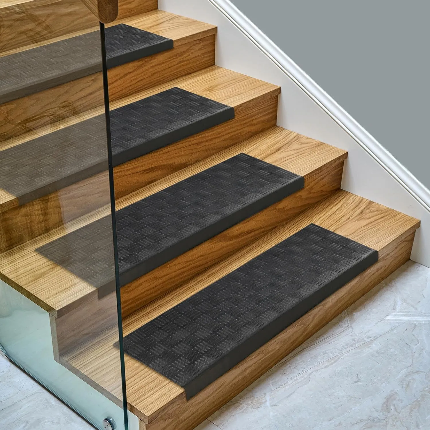 Ottomanson DirtOff Collection Checkers Grid Design Rubber Stair Treads, 5 Pack, 10" X 25.5", Black