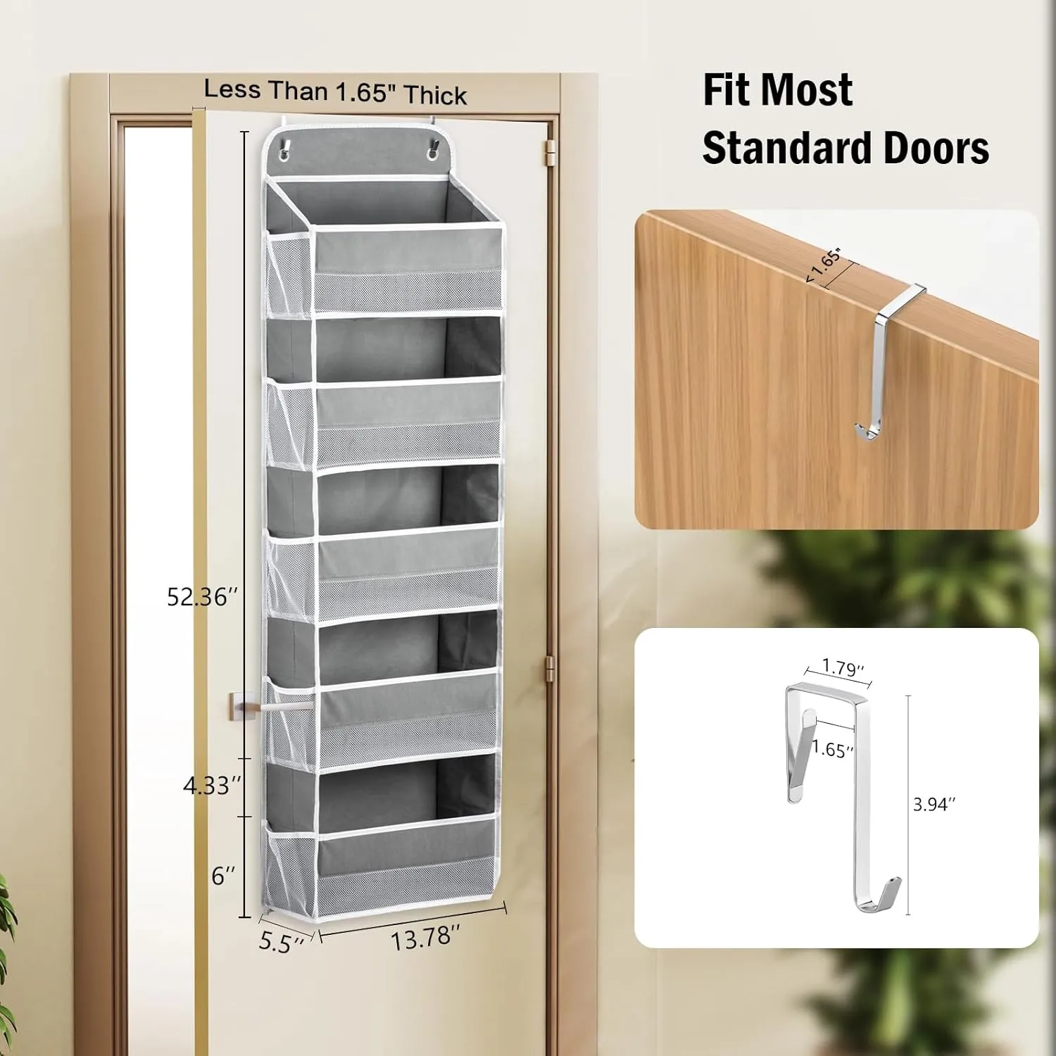 Over The Door Organizer Storage 5-Shelf Hanging Closet Organizer, Door Organizer Hanging Bathroom, Breathable 5 Large Capacity 10 Side Pockets, Xmas Gift for Her, Kitchen Home Living Room Door, Grey