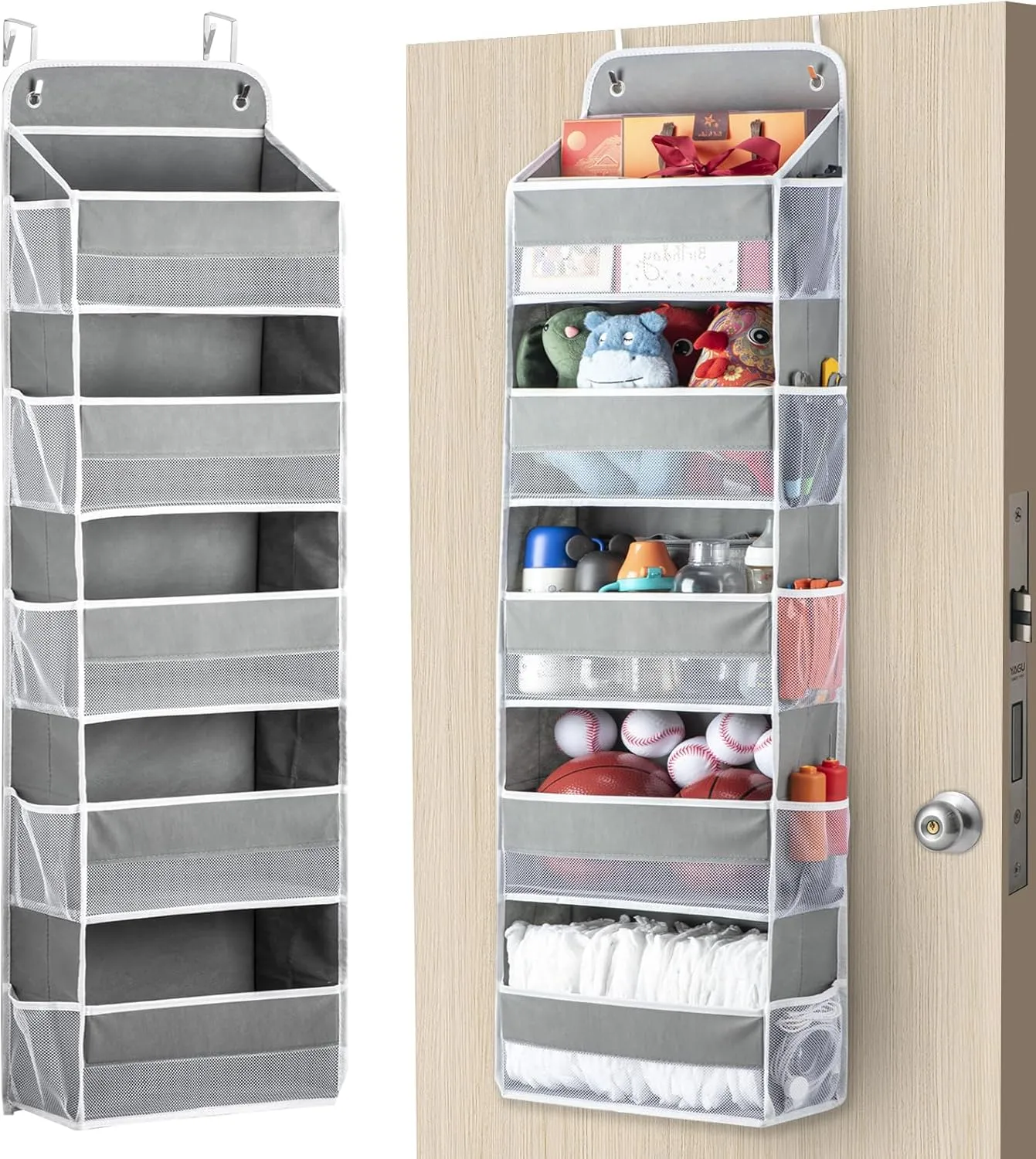 Over The Door Organizer Storage 5-Shelf Hanging Closet Organizer, Door Organizer Hanging Bathroom, Breathable 5 Large Capacity 10 Side Pockets, Xmas Gift for Her, Kitchen Home Living Room Door, Grey