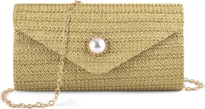 PACETAP Straw Clutch Purse for Women, Pearl Decoration Boho Crossbody Bags Handbags for Beach Travel Vacation Party Prom