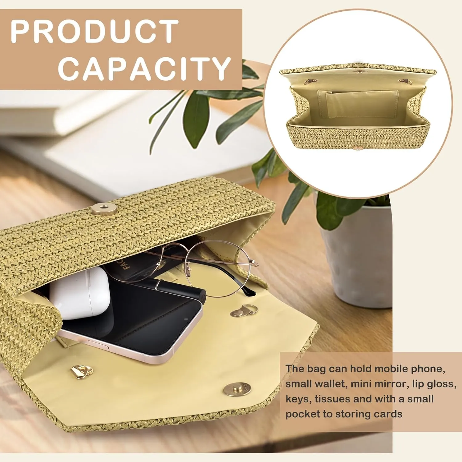 PACETAP Straw Clutch Purse for Women, Pearl Decoration Boho Crossbody Bags Handbags for Beach Travel Vacation Party Prom