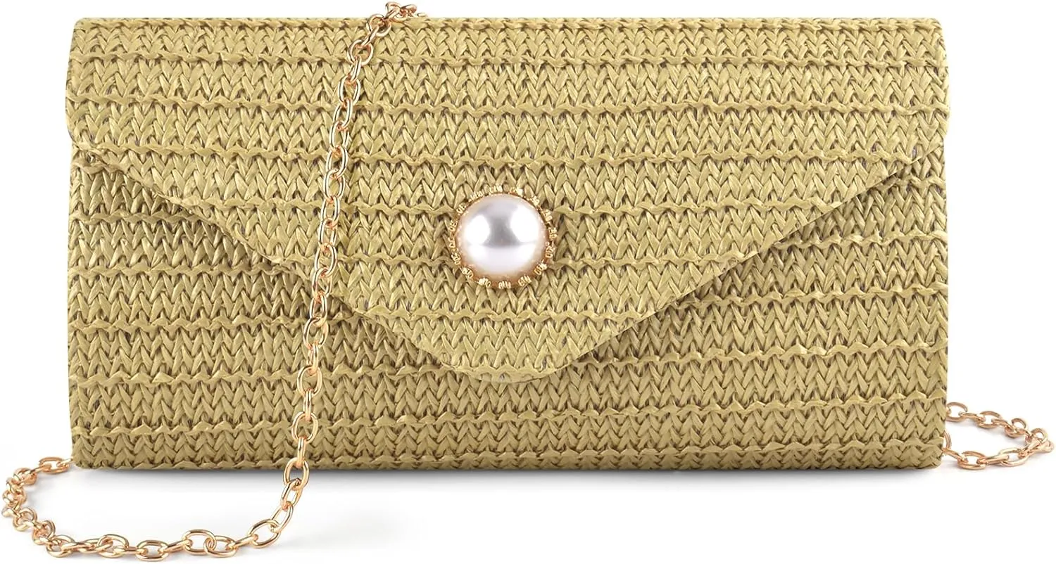 PACETAP Straw Clutch Purse for Women, Pearl Decoration Boho Crossbody Bags Handbags for Beach Travel Vacation Party Prom