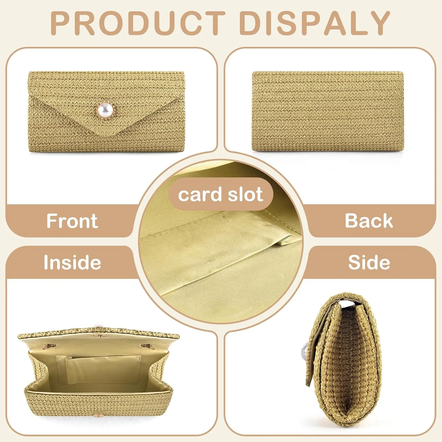 PACETAP Straw Clutch Purse for Women, Pearl Decoration Boho Crossbody Bags Handbags for Beach Travel Vacation Party Prom