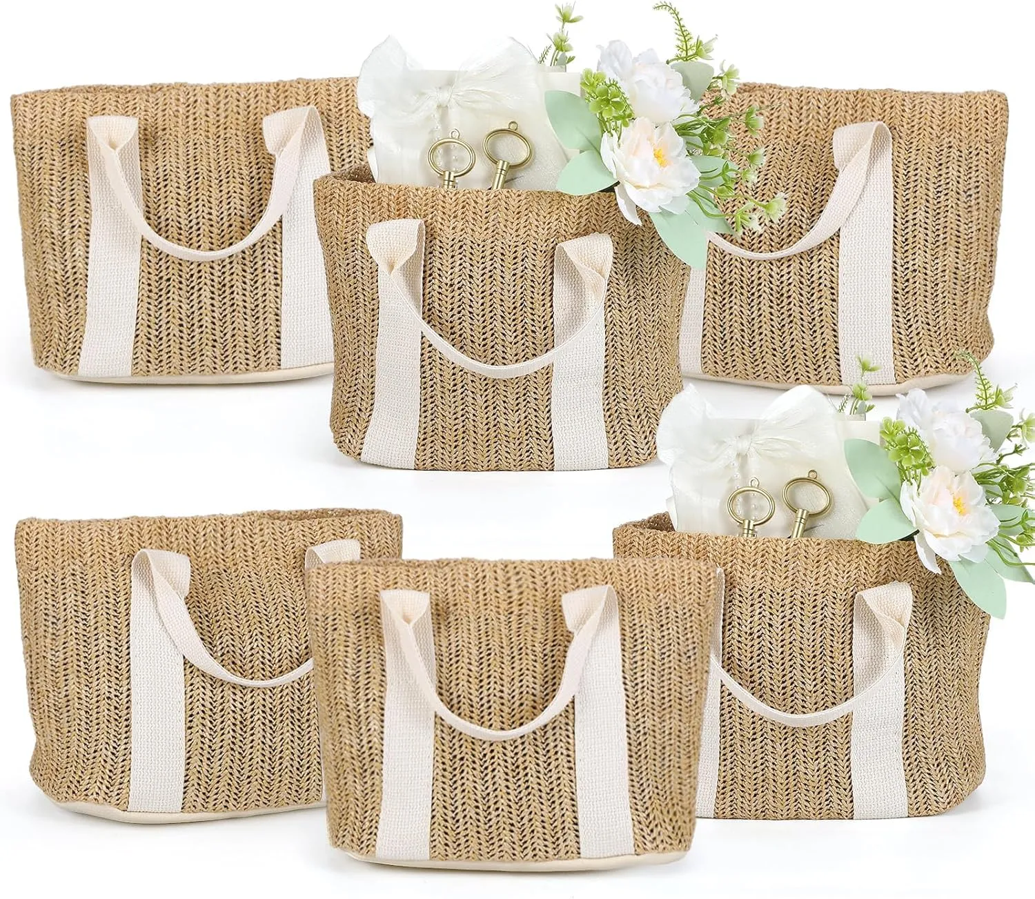 Pater 6 Pcs Beach Straw Bags for Bachelorette Favors Burlap Tote Bag with Handle for Bridesmaid Proposal Bags Bridesmaid Gifts Bag Bachelorette Gifts Bag Bridal Shower Gift for Her