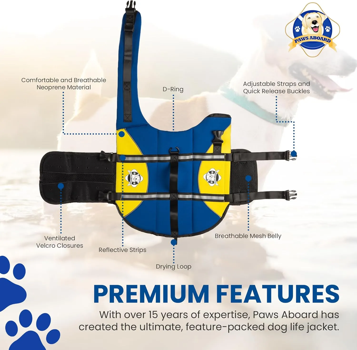 Paws Aboard Dog Life Jacket - Keep Your Canine Safe with a Neoprene Life Vest for Swimming and Boating, Color and Design to Choose - Blue and Yellow, Large