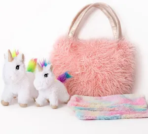 Perfectto Design Unicorn Toy for Girls Age 3-10; 4 PCS Set - Mommy and Baby Stuffed Animals, Bag and a Doll Blanket. Unicorn Gift for 3-8 Year Old Birthdays and Christmas