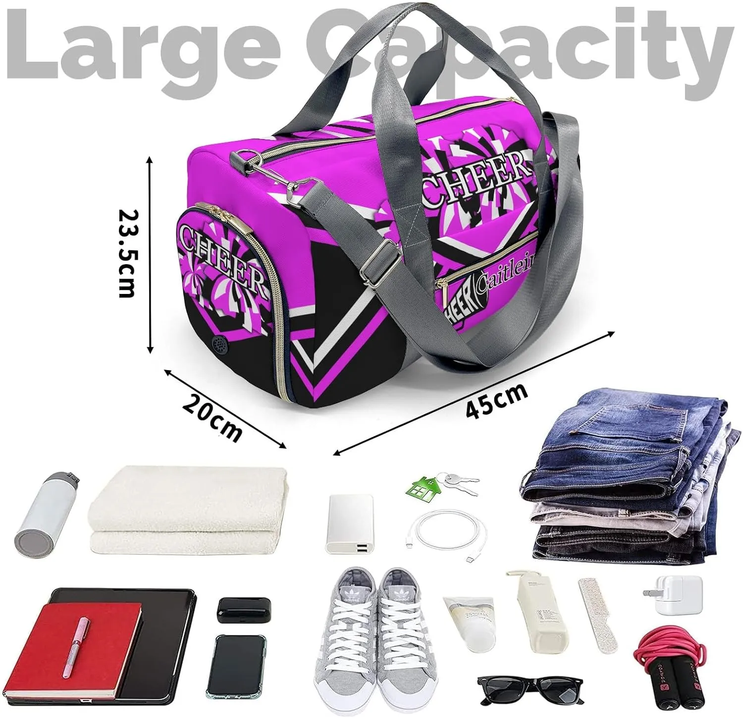 Personalized Cheer Purple Custom Multi-functional Travel Bag, Unisex Portable Duffel Bag, Short Distance Travel Assistant