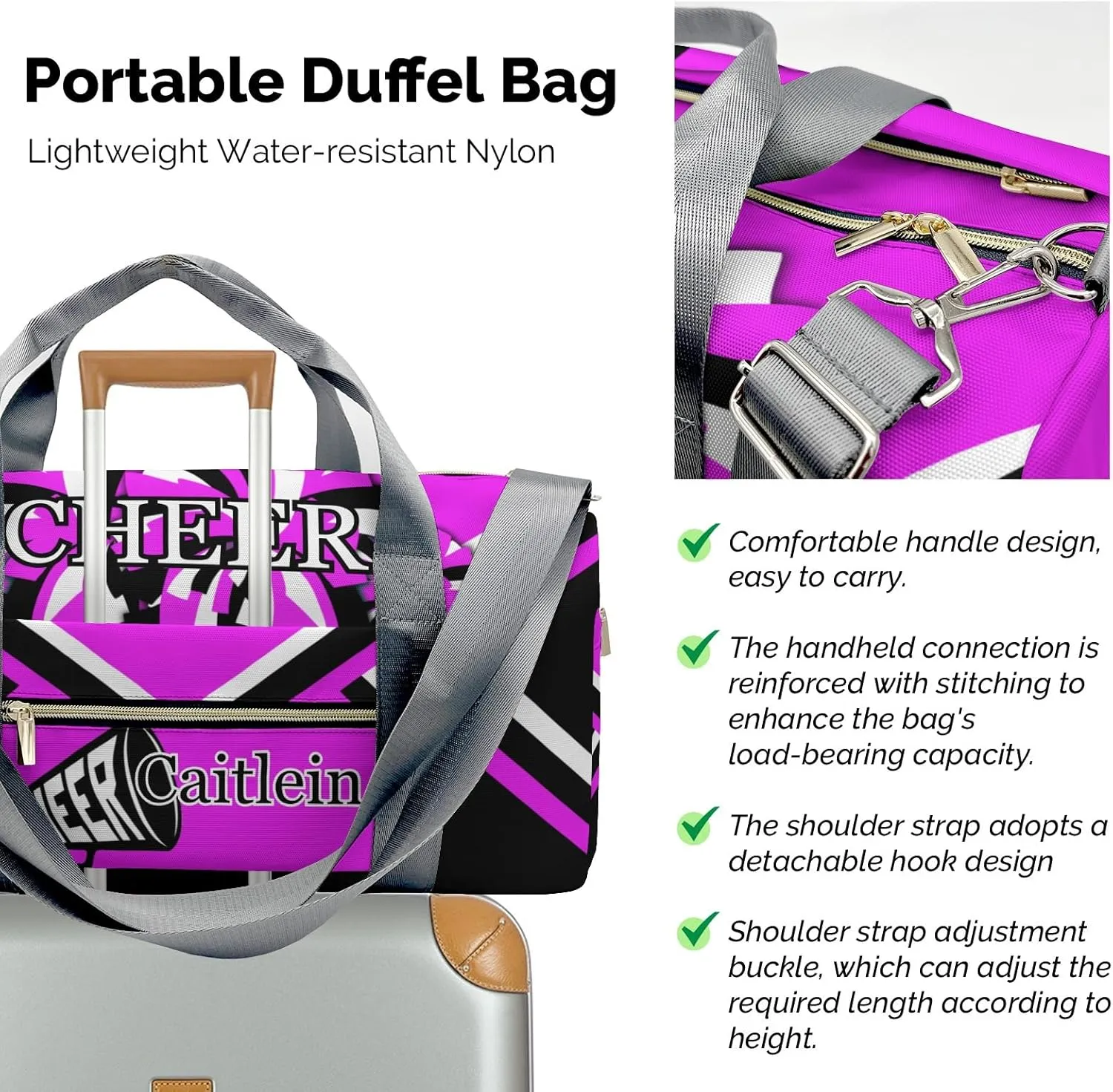 Personalized Cheer Purple Custom Multi-functional Travel Bag, Unisex Portable Duffel Bag, Short Distance Travel Assistant